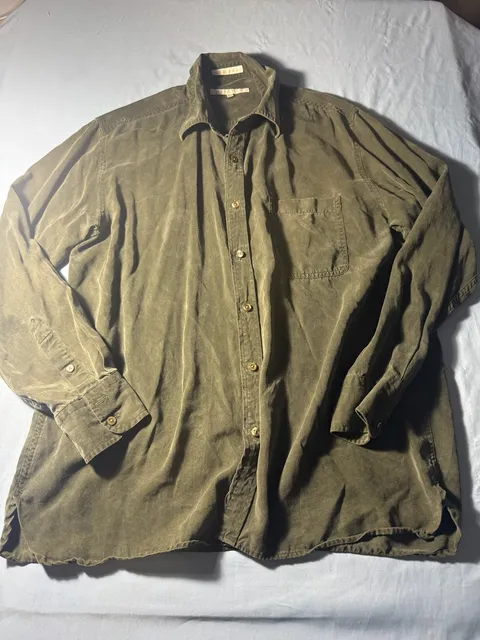 Perry Ellis Long Sleeve Button-Down Shirt Size L Olive Green Tencel Lyocell