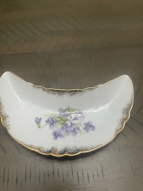 Vintage Japan Bone Dish Crescent Plate Violet Floral Gold Trim