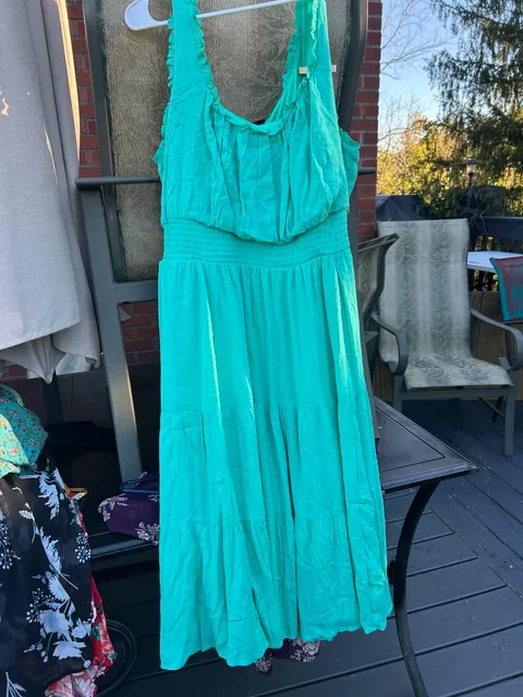 Torrid Smocked Waist Tiered Midi Dress Size 3X Aqua Green Crinkle Gauze