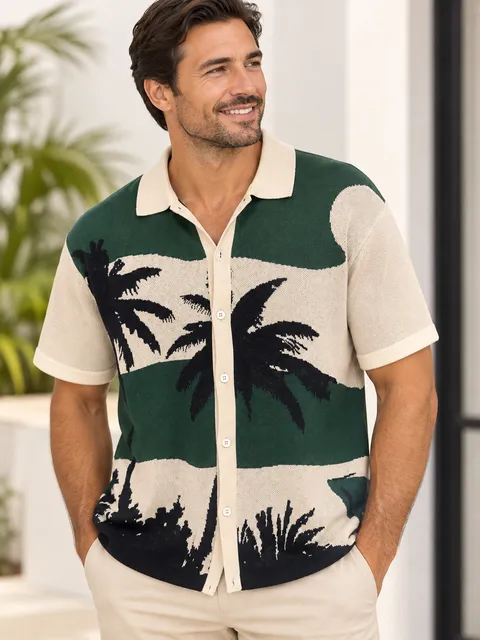 NWT Knit Palm Tree Print Short Sleeve Polo Shirt Green Cream