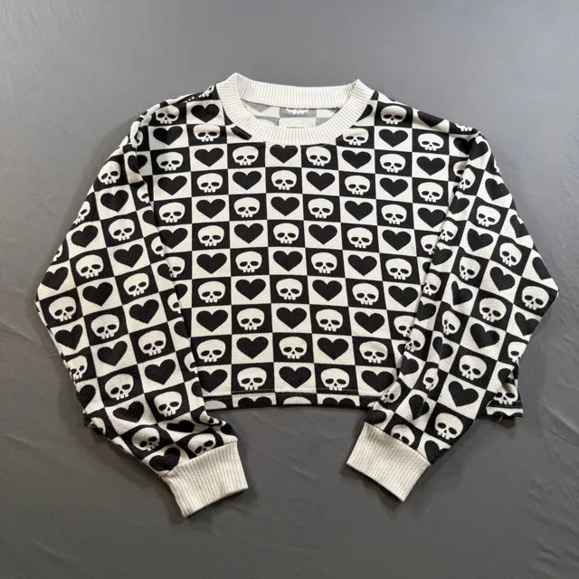 American Eagle AE Lounge Skull Heart Checkerboard Cropped Sweater XS Goth