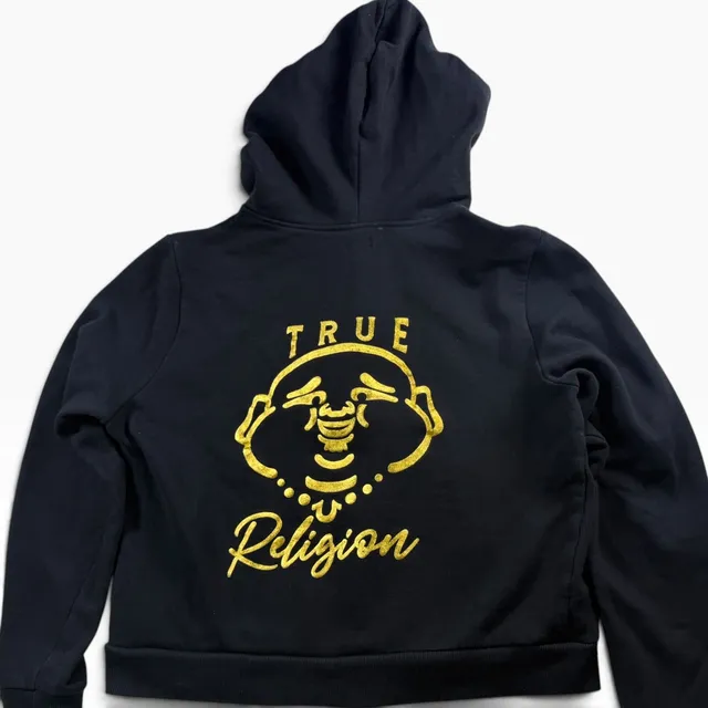 True Religion Black Gold Buddha Zip Up Hoodie L