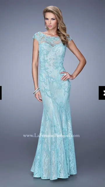 La Femme 20892 Lace Column Prom Dress Aqua