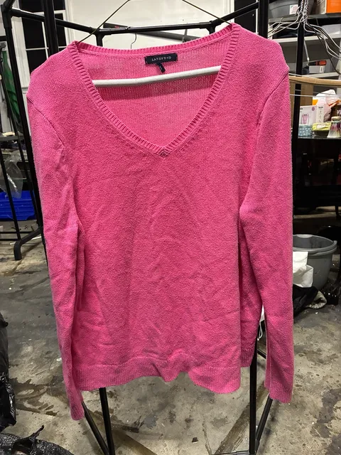 Lands End Women's Shaker Knit V Neck Sweater, Pink size L