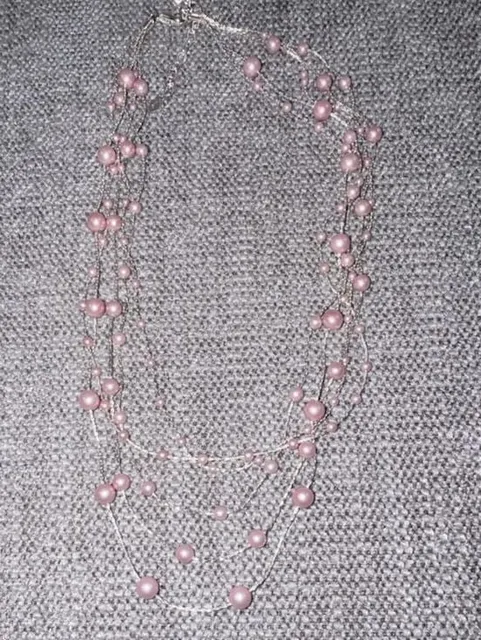 Monet Pink Faux Pearl Multi Strand Silver Tone Necklace