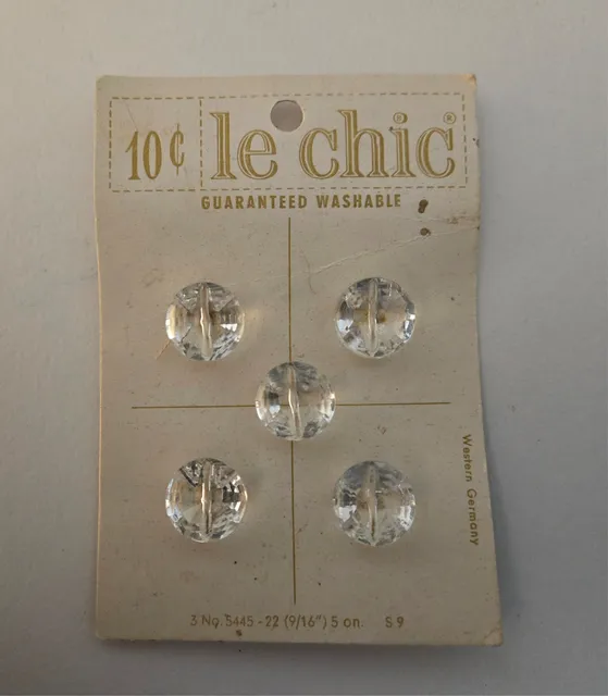 5 Glass Vintage Buttons ~ Le Chic ~ 9/16” ~ West Germany ~ New on Card