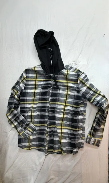 Edgar + Ash Hooded Flannel Shirt Size L Black Yellow Plaid