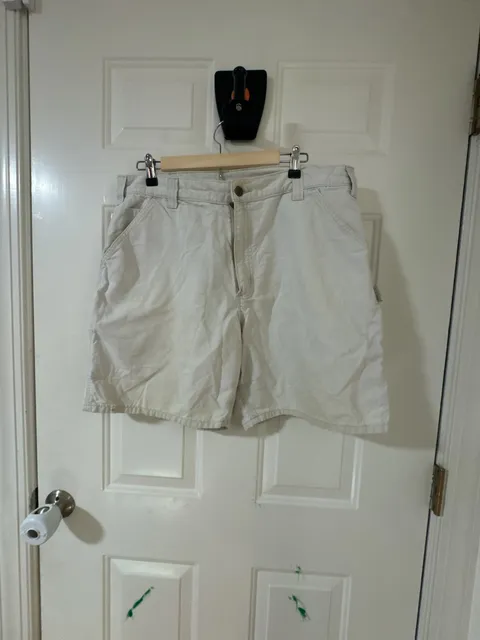 Carhartt B144 Carpenter Shorts Size 38 Cream Original Fit Canvas - Leather Patch