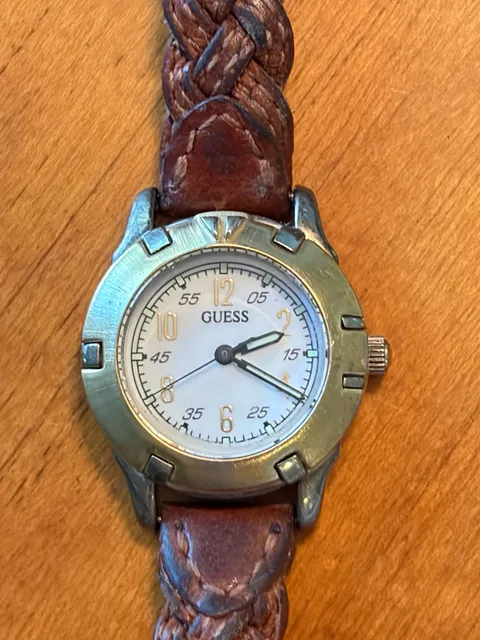 Vintage 90s GUESS Women’s Watch Brown Braided Leather Band Silver Tone Quartz
