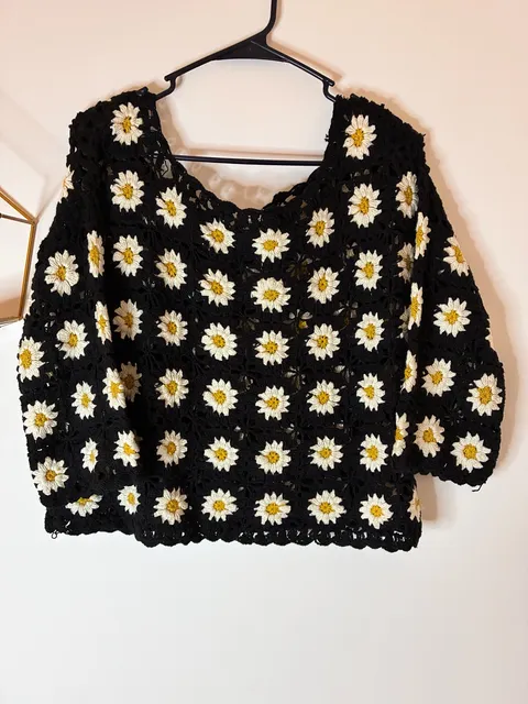 MNG Black Crochet Daisy Floral Knit Sweater Top Size S