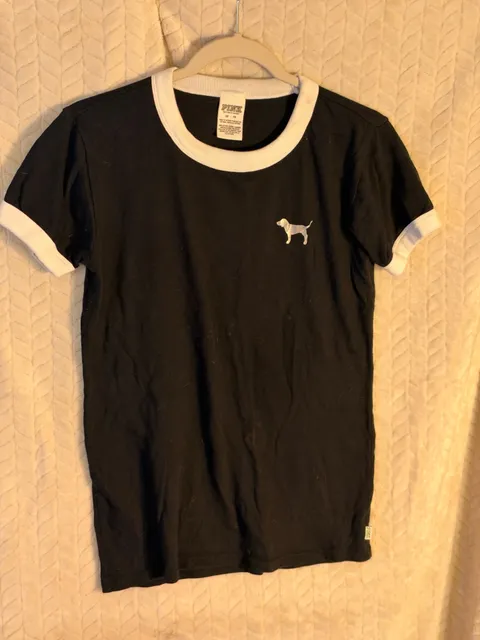Pink Victoria's Secret Ringer T-Shirt Size XS Black White Logo Dog