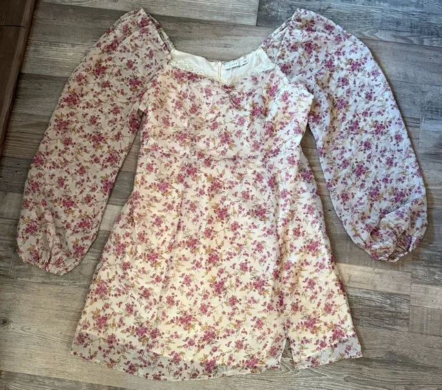 Lush Cream Mini Dress with Pink Floral Print size M