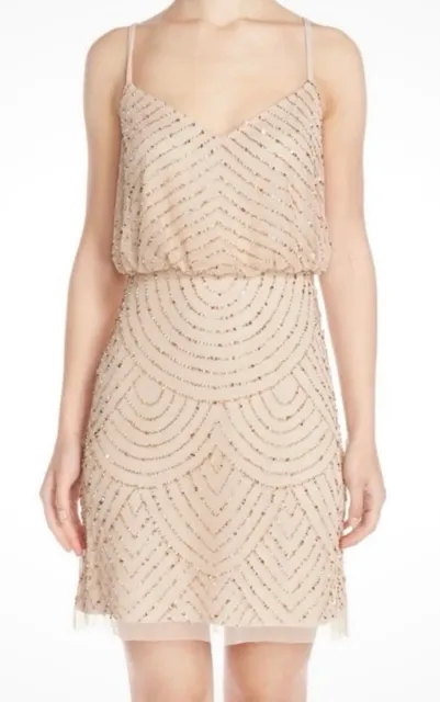 Adrianna Papell Beaded Blouson Dress Size 8 Blush Gold Art Deco