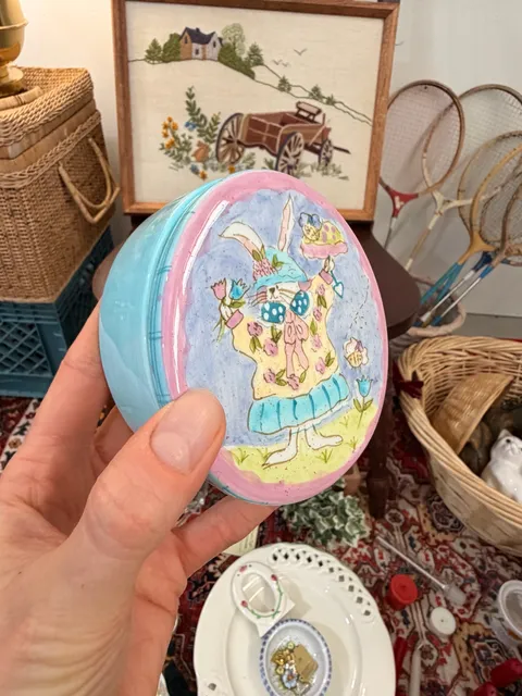 Hausenware Ceramic Easter Bunny Trinket Box Oval Blue Pink Spring Decor