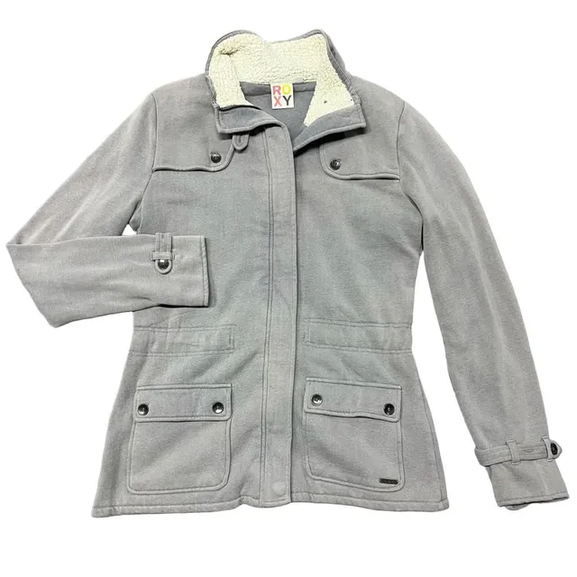 Roxy Fleece Jacket Gray Sherpa Lined Full Zip Utility Coat women’s Large