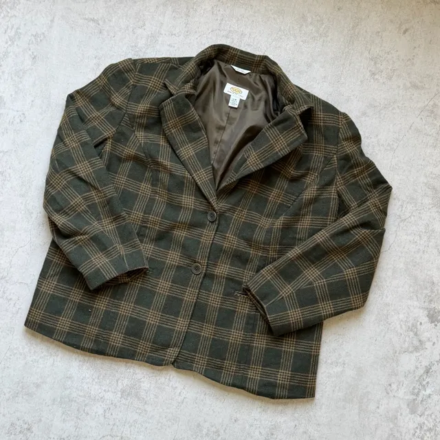 Talbots Woman Petite Blazer Size 18WP Green Plaid Wool Blend Jacket