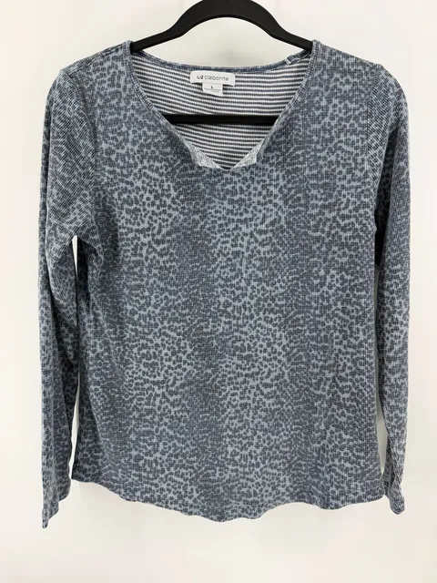Liz Claiborne Blue Gray Animal Print V-Neck Long Sleeve Top Size Large
