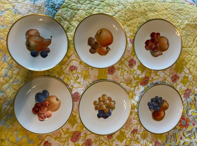 EUC Thomas Germany Porcelain Fruit Dessert Plates Set of 6 Vintage Gold Trim