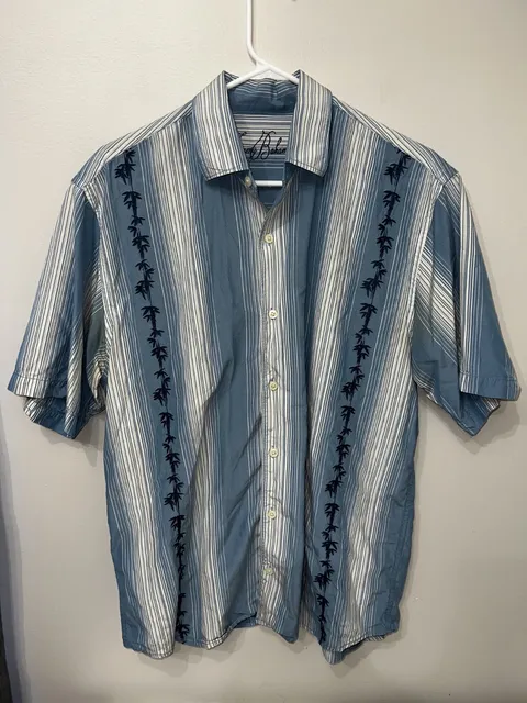 Tommy Bahama Palm Tree Hawaiian Blue Short Sleeve stripe Button Up Shirt Men's M