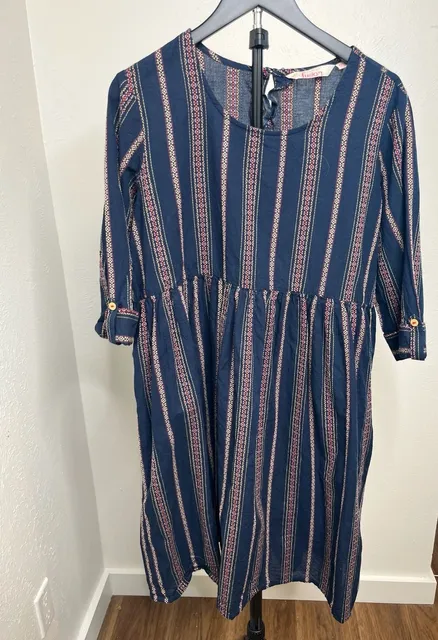 Blue Striped Midi Dress Boho -Babydoll