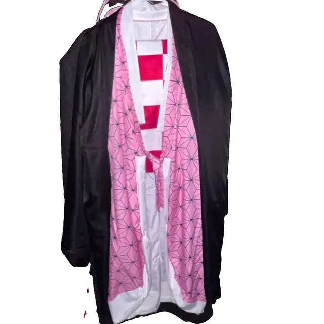 Demon Slayer Nezuko Kamado Cosplay Costume Set 3pc Pink Kimono, Black Haori Obi