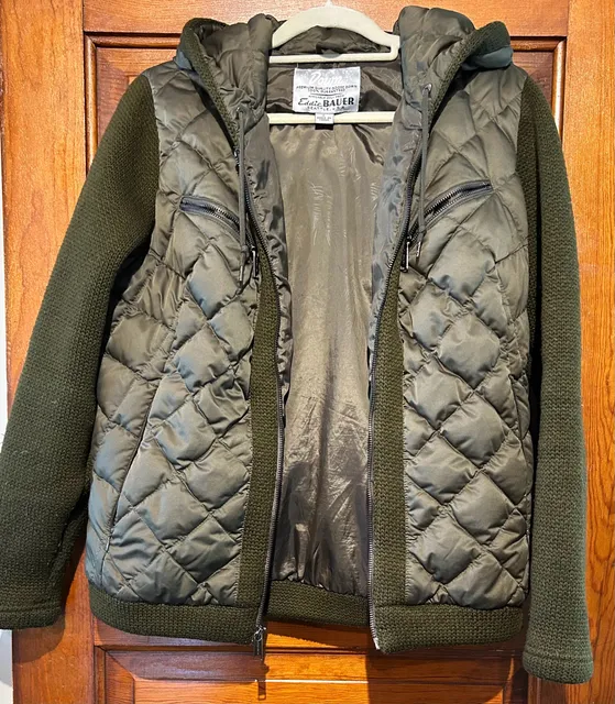 Eddie Bauer 1944 Swiss Model Down Jacket Size L Olive Green Quilted Wool