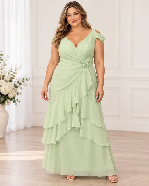 Sage Green Chiffon Ruffle Cold Shoulder Plus Size Formal Evening Gown Size 14