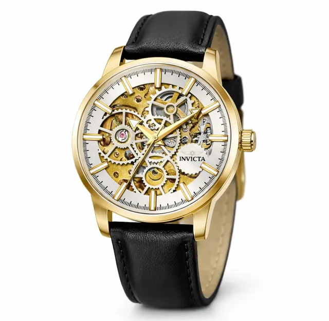 Invicta Skeleton Automatic Gold-Tone Black Leather Watch