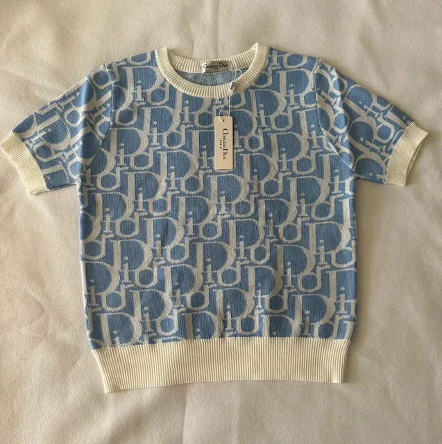 Christian Dior Oblique Short Sleeve Sweater Blue White