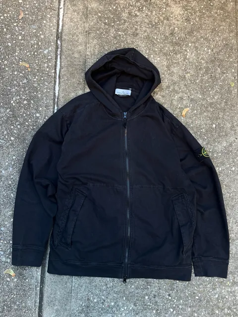 Stone Island Zip-Up Hoodie Size XL Black Cotton Jacket pouch-pocket men’s 
