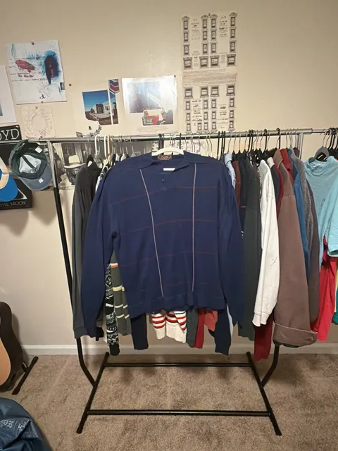 Thane Polo Sweater Size XL Blue Acrylic Striped Vintage 70s Long Sleeve