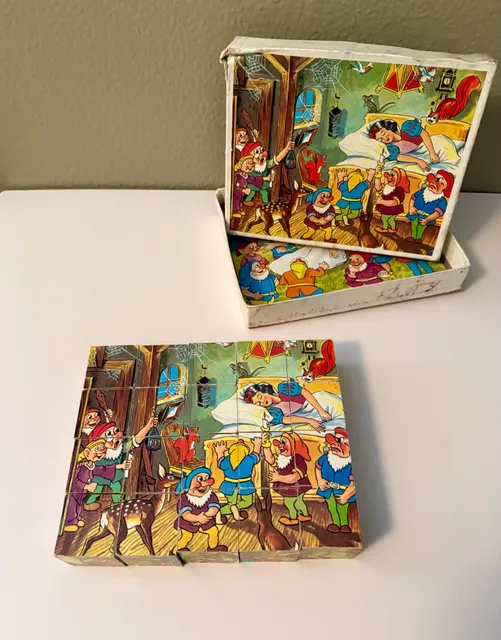 Vintage Snow White And The Seven Dwarfs Wooden Cube Puzzle