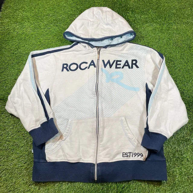 Roca Wear Full Zip Hoodie Size L (14-16) White Blue Graphic Jacket