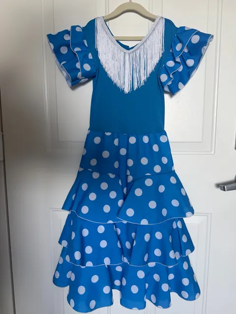 Flamenco Dress Size 8 Blue White Polka Dot Ruffle Fringe Dance Costume