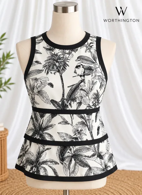 Worthington Tropical Bird Print Peplum Top L Black White Sleeveless Botanical