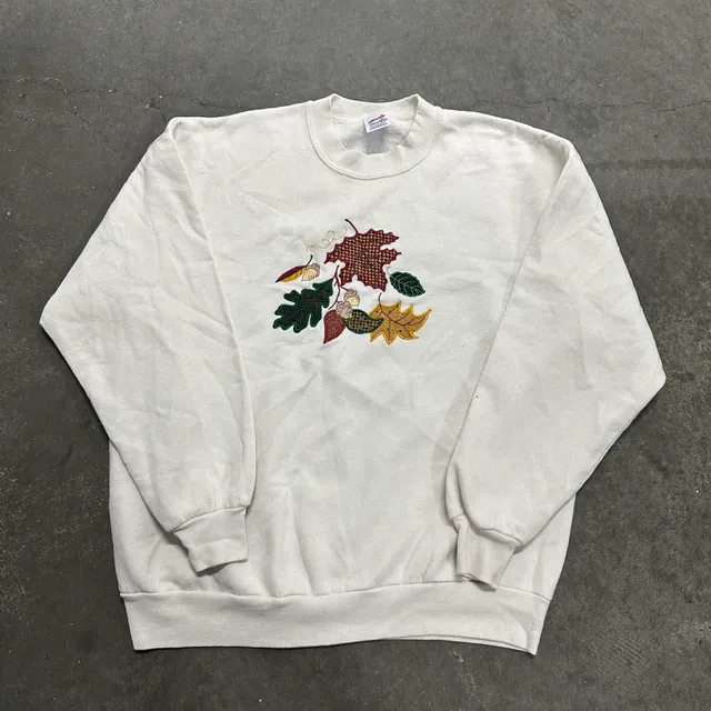 Vintage 90s Jerzees USA Embroidered Fall Leaves Acorns Crewneck Sweatshirt XL