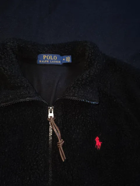 Polo Ralph Lauren Sherpa Fleece Full Zip Jacket Size M Black Red Striped