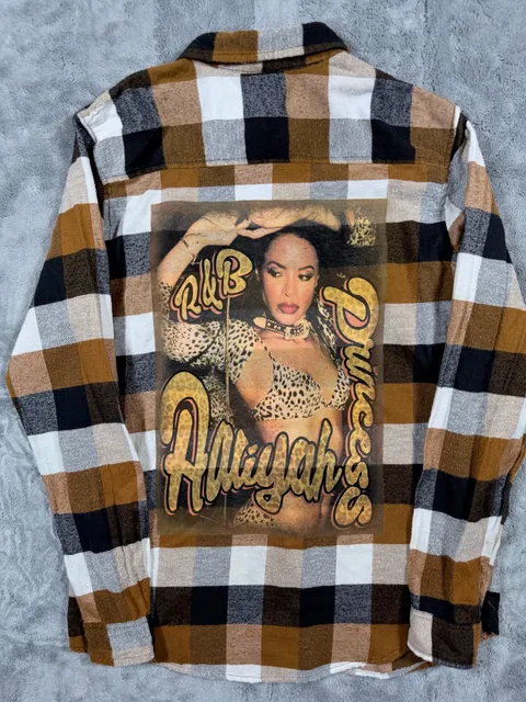Aaliyah Flannel Shirt Size M Brown Black Plaid Graphic Back