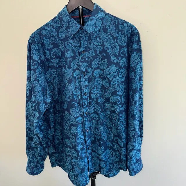100% Cotton Tasso Elba Blue Paisley Dress Shirt Size L 16-16.5