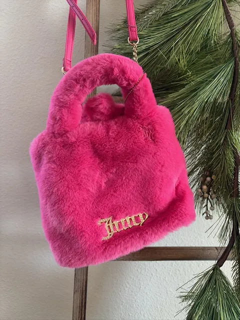 Juicy Couture Free Love Fluffy Mini Tote Hot Pink Faux Fur Crossbody Bag