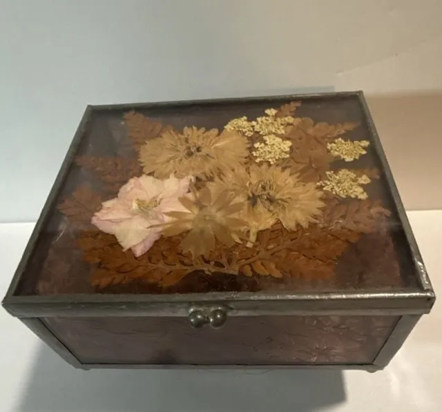 Vintage Pressed Floral And Stained Glass Trinket Box
