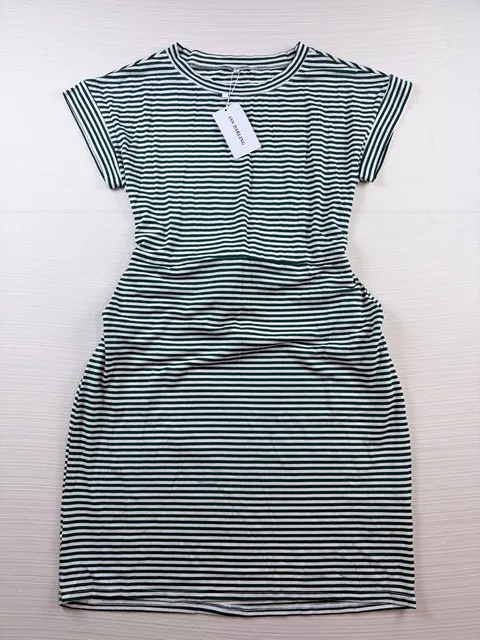 Ann Darling Striped Dress Size L Green White Short Sleeve T-Shirt Dress