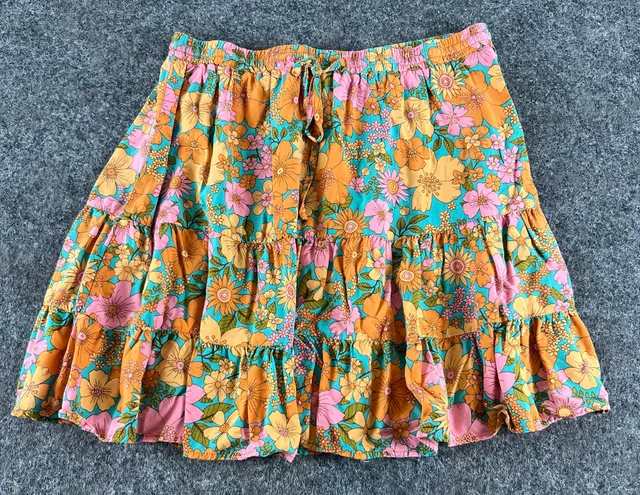 Paper Heart Floral Tiered Skirt Size L Orange Pink Turquoise Rayon