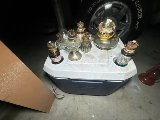 Collection of Seven Antique Miniature Oil Lamps with Assorted Glass and Ceramic Bases