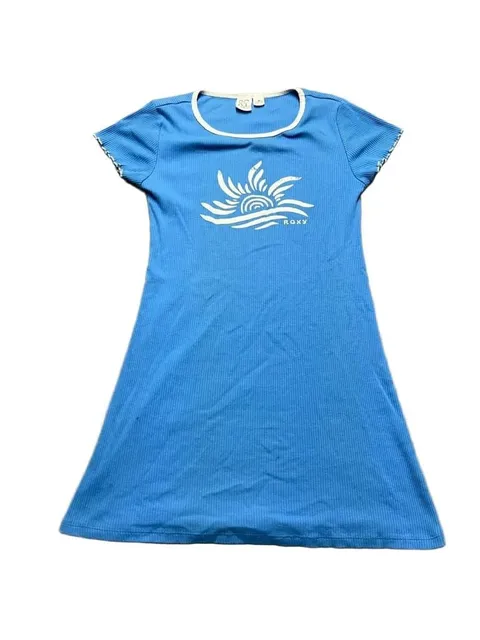 Roxy Ribbed Dress Size M Blue Graphic Sun Ringer Y2K Women’s Surf Core Top