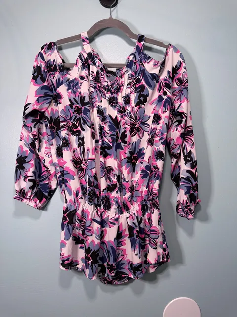Savoir Cold Shoulder Blouse Floral Pink Blue Long Sleeve