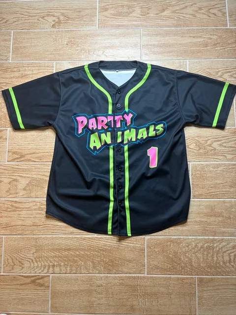 Party Animals Baseball Jersey Size L Black Neon Green Pink Number 1