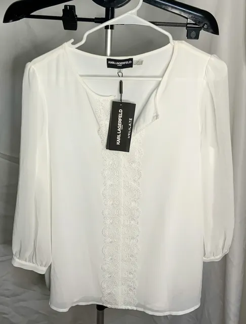 NWT Karl Lagerfeld Paris Blouse Women’s Size S White Lace Trim