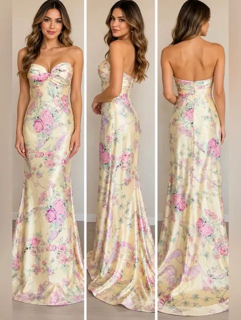 House of CB Floral Satin Strapless Maxi Dress