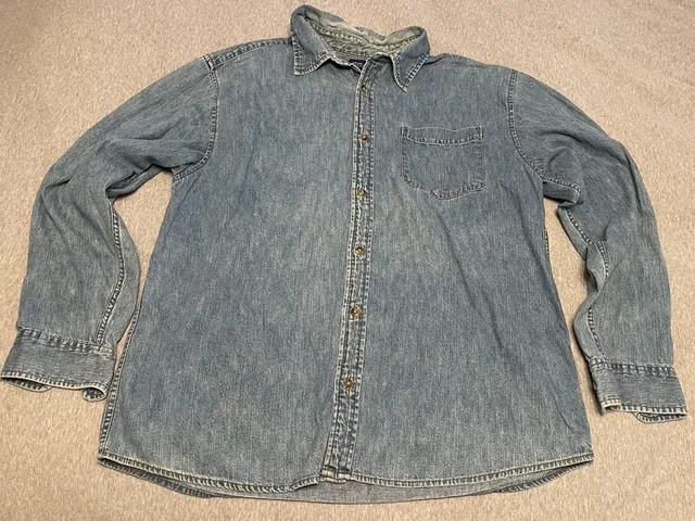 Basic Editions Denim Long Sleeve Button Up Shirt Size Large Blue Cotton